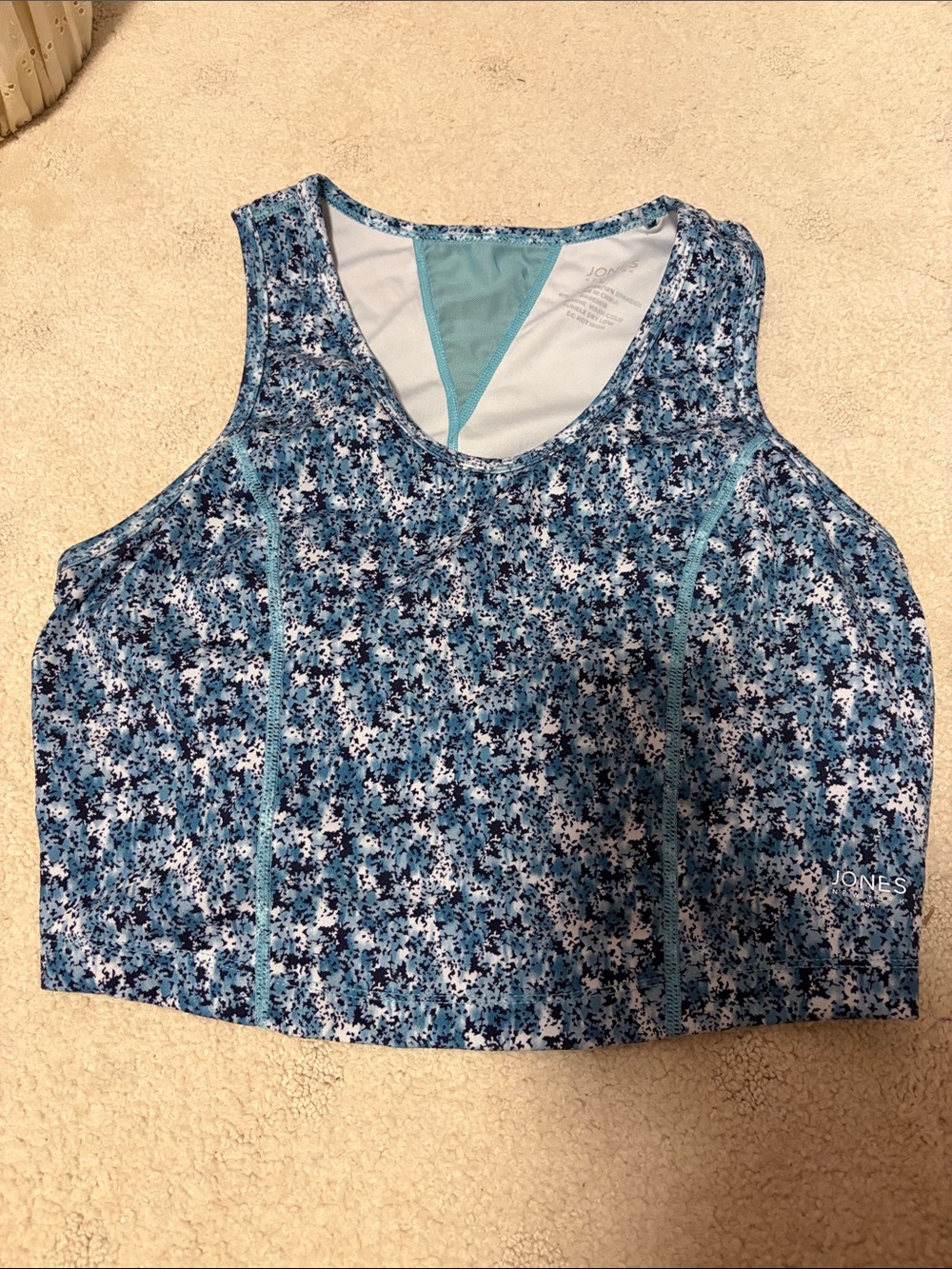 Jones New York Blue Printed Cropped Athletic Tank Built In Padded Longline Bra